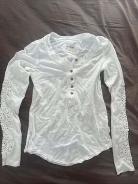 Free People White Crochet-Panel Sleeve Henley Long Sleeve Top